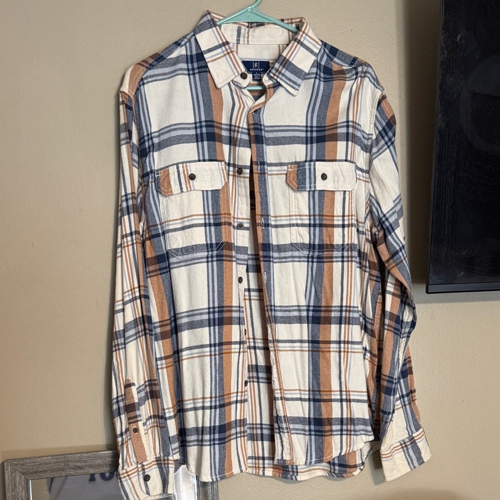 George Men's Casual Button Down Shirt - Blue and Orange Plaid